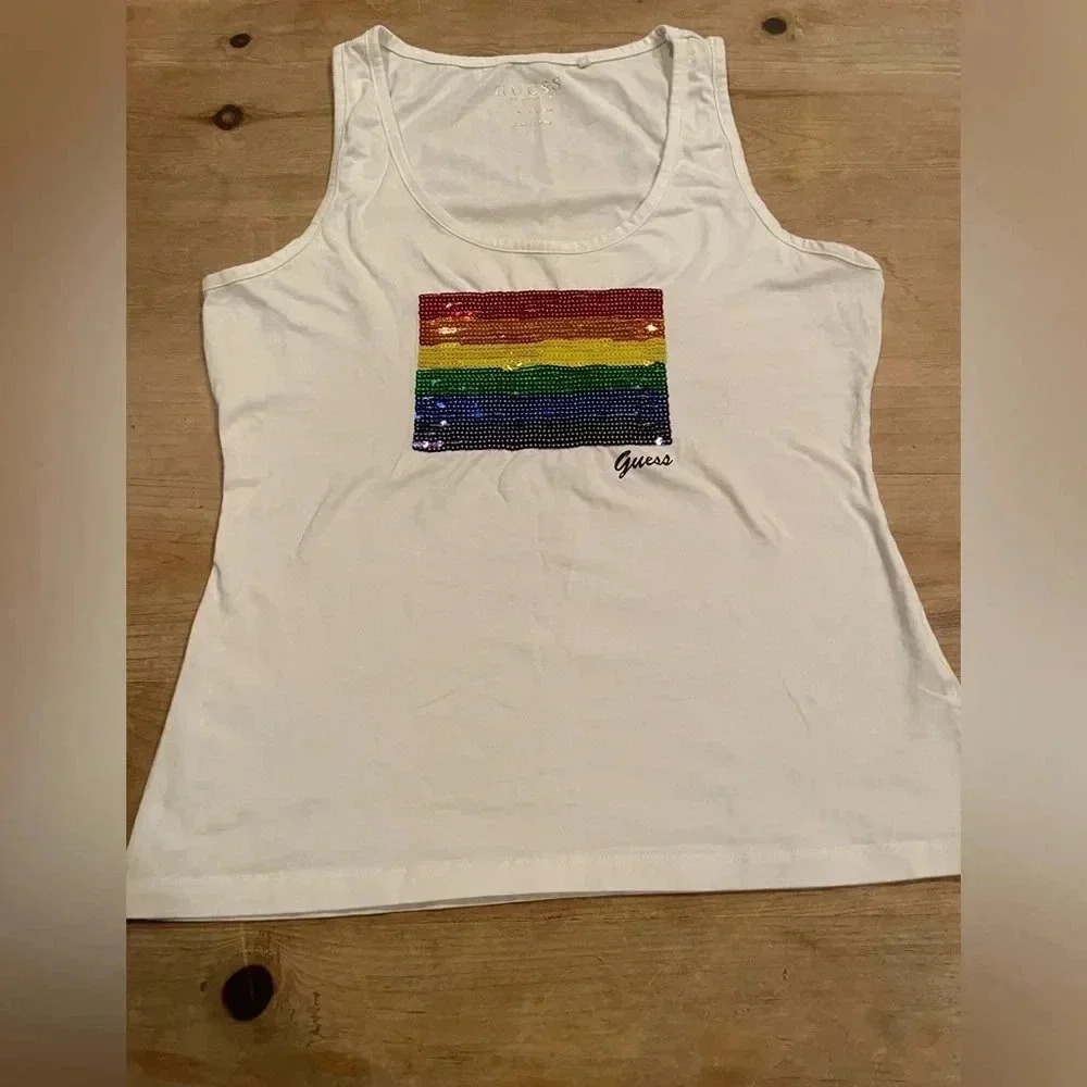 Guess Los Angeles Sparkly sequined rainbow tank Y2K festival XL